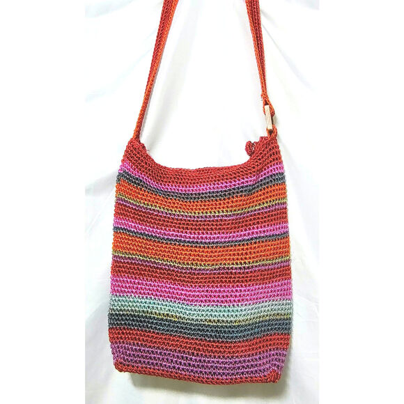 Liz Claiborne - Red & Pink Multi-Color Stripe Crochet Shoulder Bag, Boho Purse - Picture 1 of 11